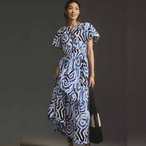 By Anthropologie Somerset Geometric Maxi Dress Blue White Orange 100% Cotton